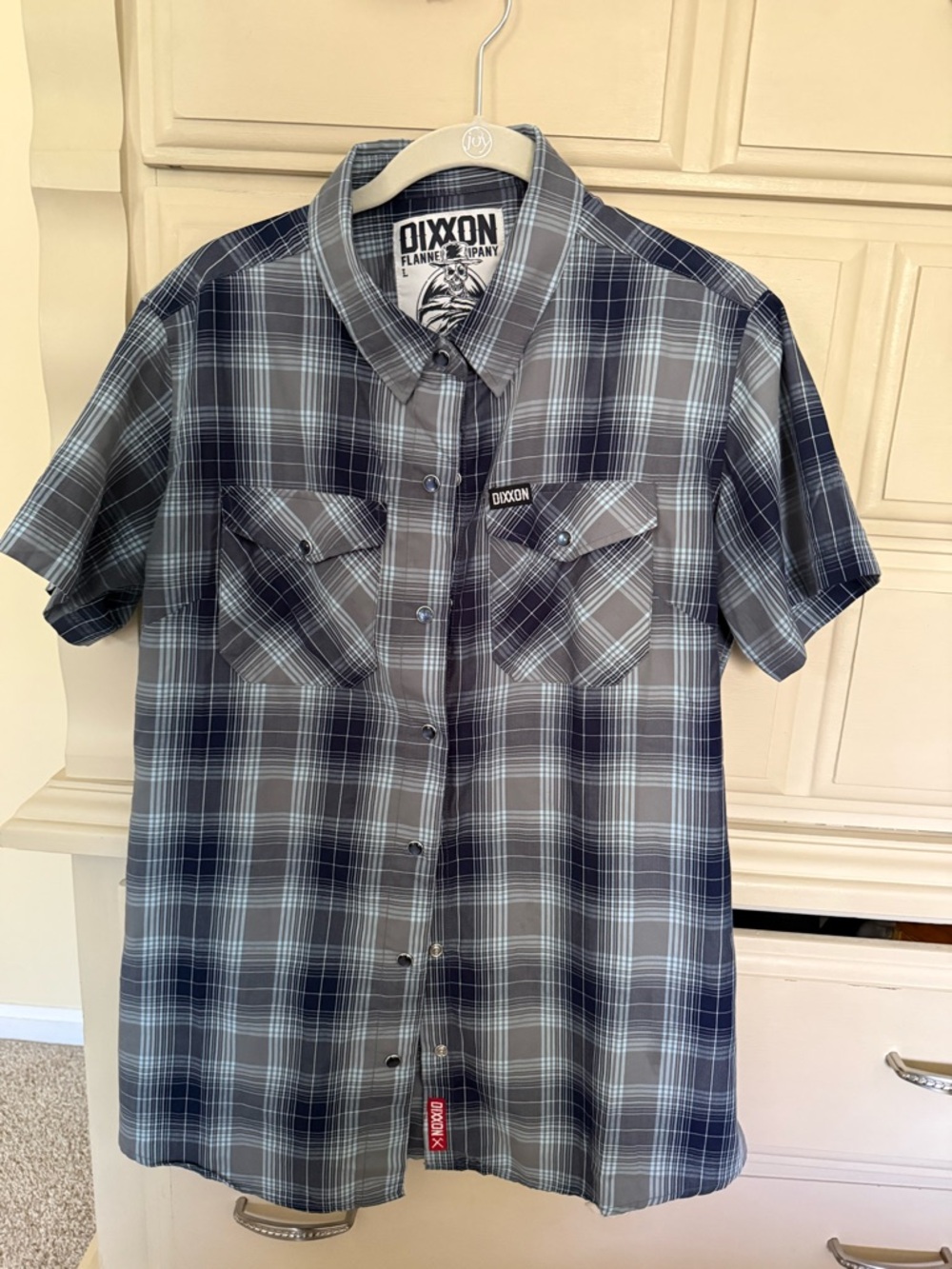 DIXXON Women’s Short Sleeve Plaid Button-Down Shirt - Navy & Gray